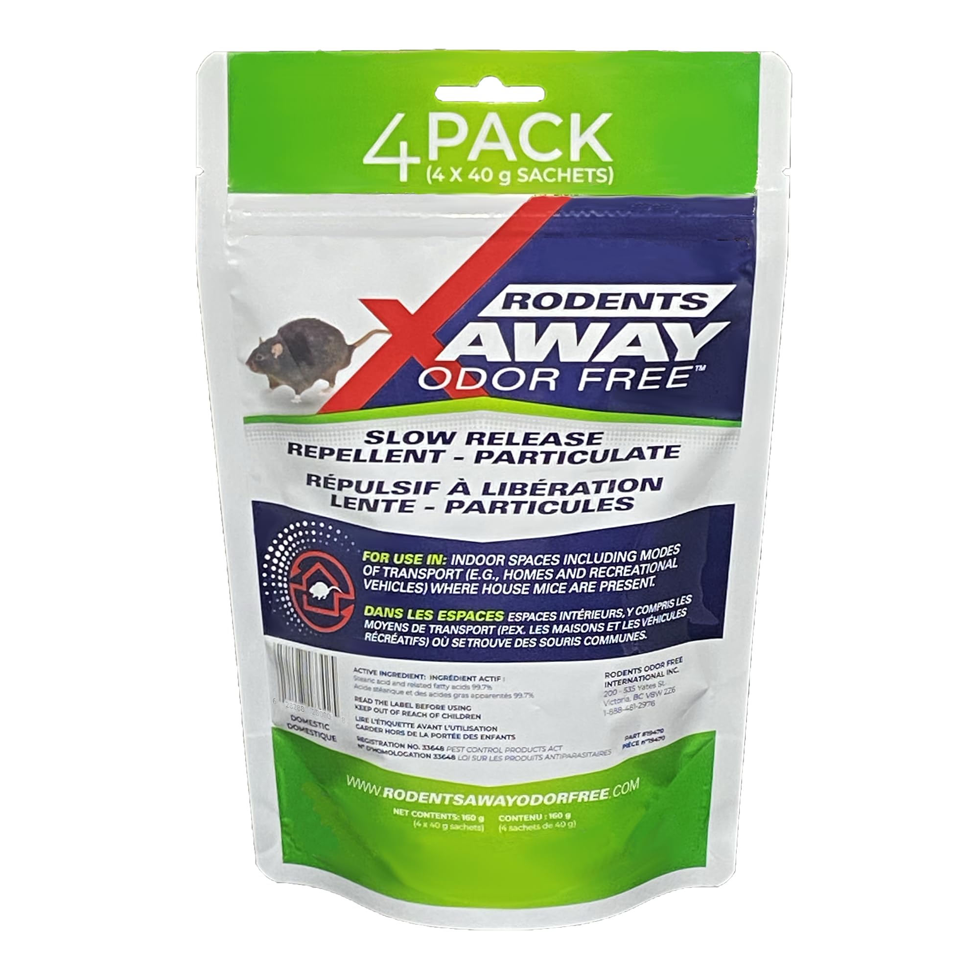 Rodents Away odor free 4-Pack repellent packaging with green and white design