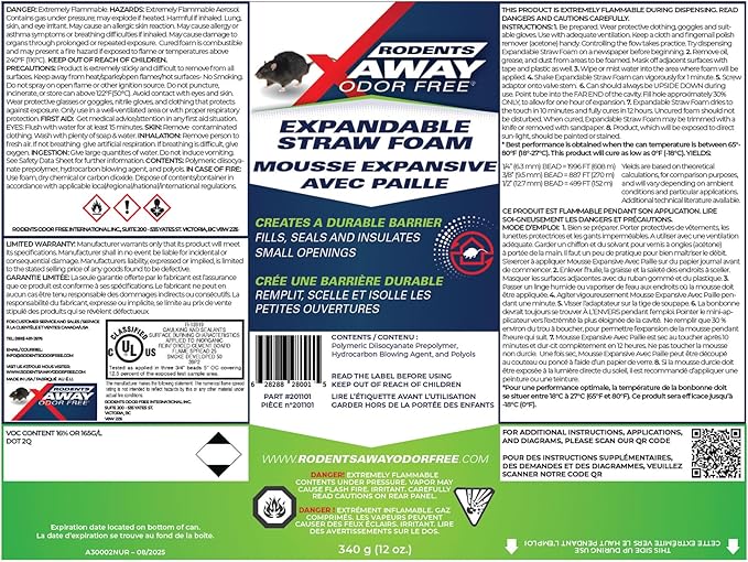 Rodents Away Odor Free, Expandable Straw Foam, 340 g (12 oz.)